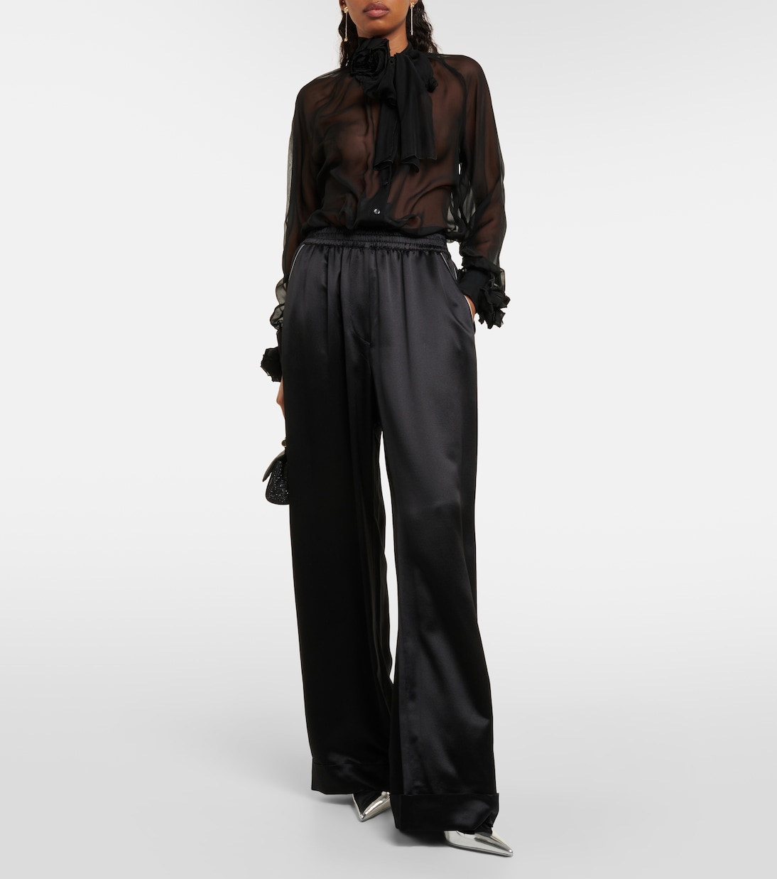 Pantalon ample à taille haute en soie mélangée | Dolce&Gabbana