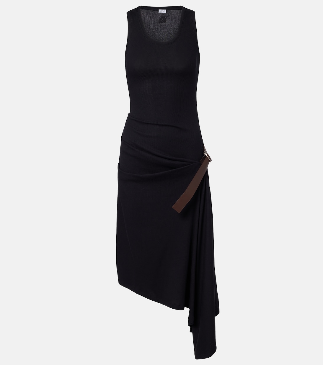Belted ribbed-knit draped cotton-blend midi dress | Loewe