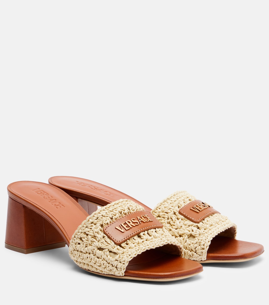 Logo raffia and leather mules | Versace