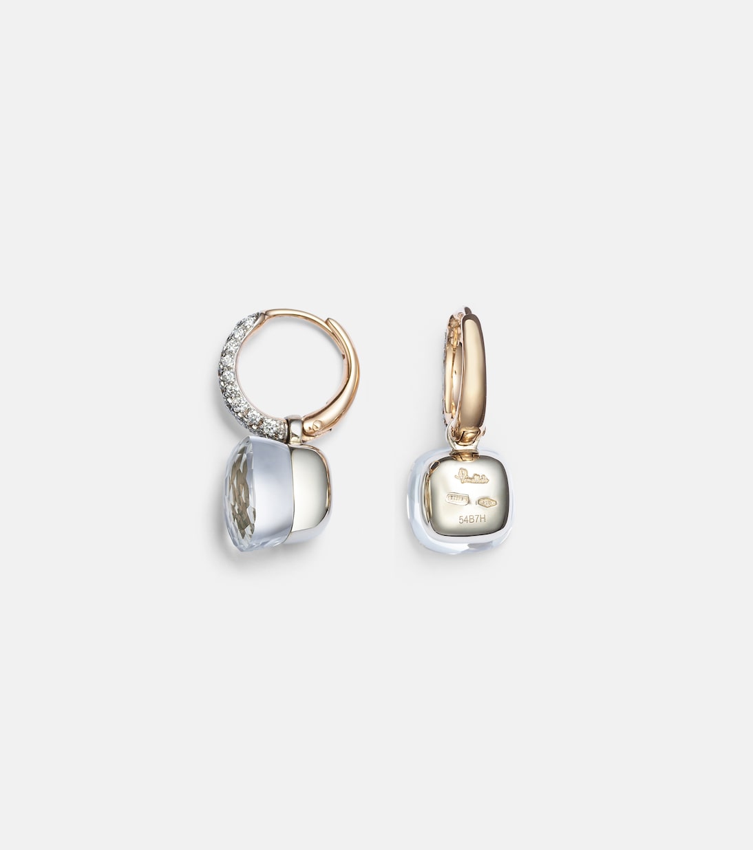 Orecchini glamour in oro rosa e bianco 18kt con topazio e diamanti, stile Nudo Classic di Pomellato, perfetti per giovani trendy.