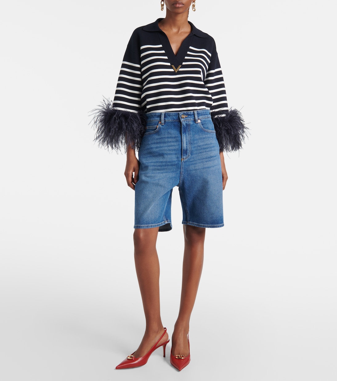 Shorts in denim con pelle | Valentino