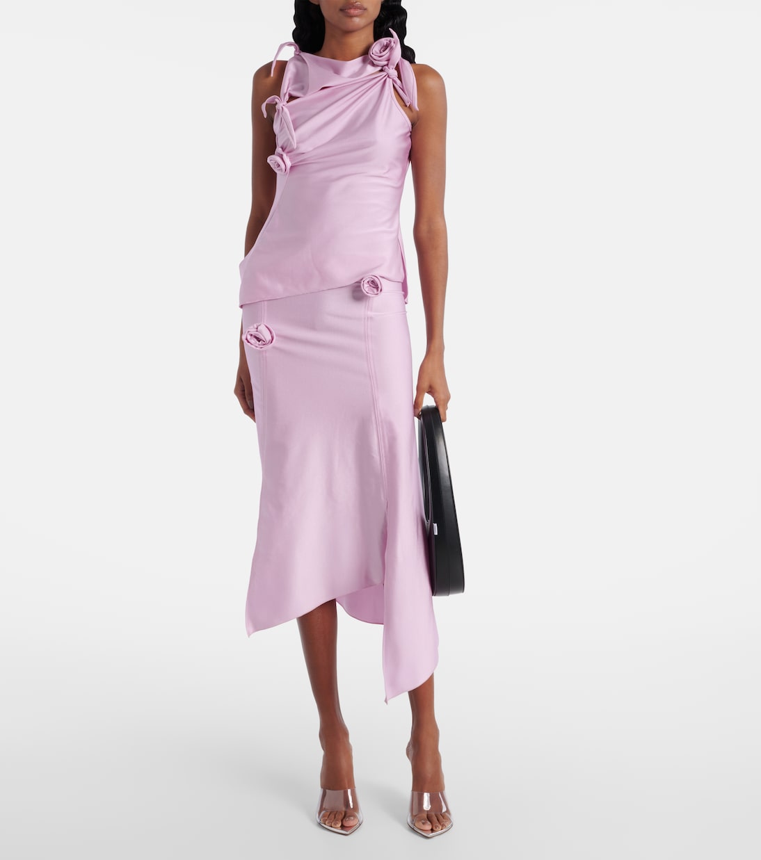 Gonna midi in raso con applicazioni floreali | Coperni
