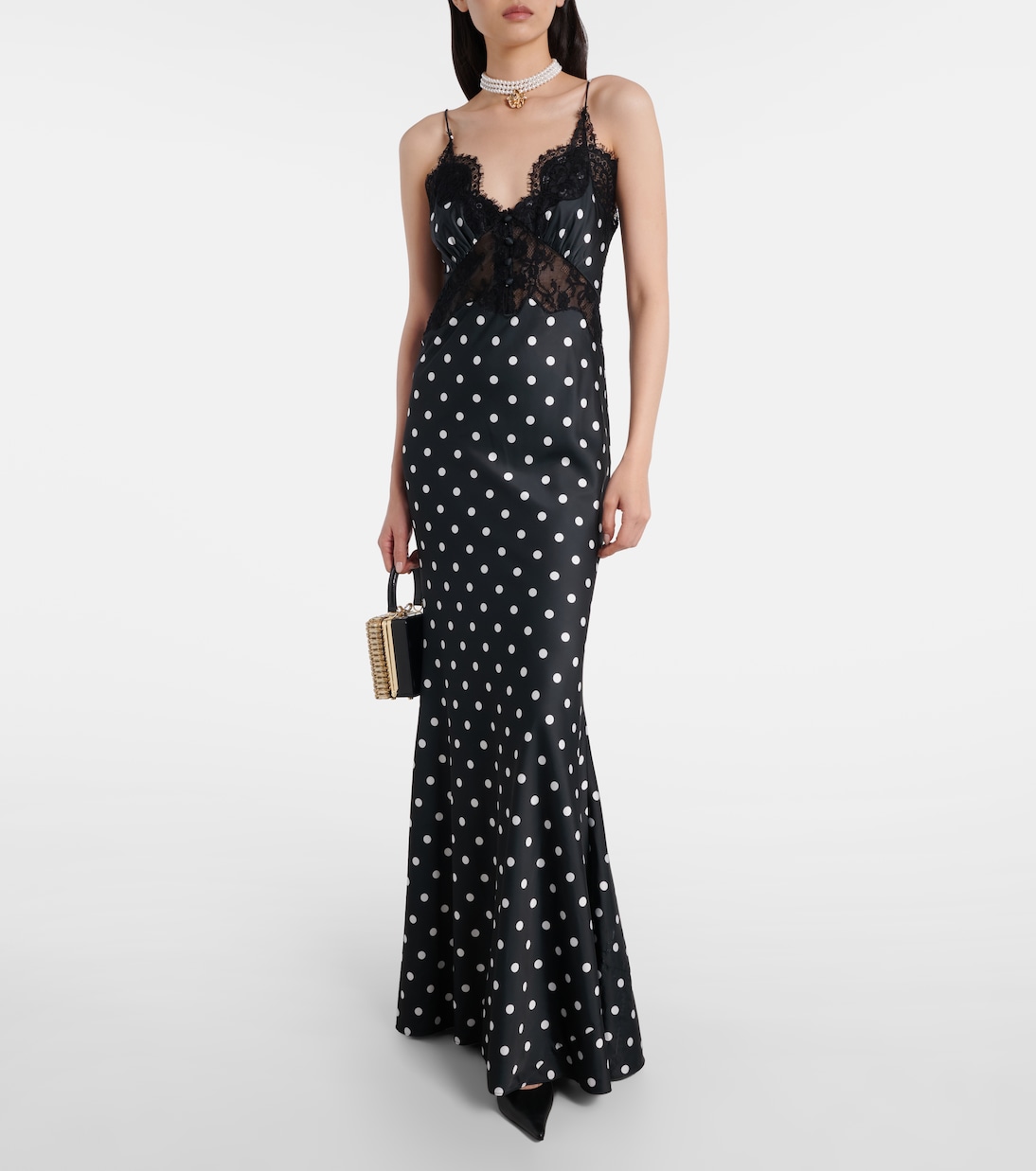 Polka-dot lace-trimmed satin gown | Self-Portrait