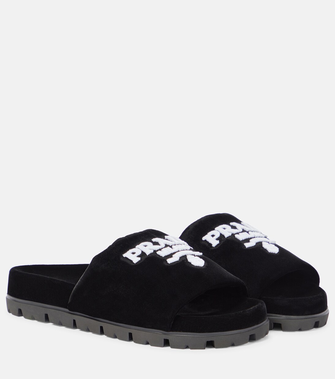 Embroidered velvet slides in black Prada Mytheresa