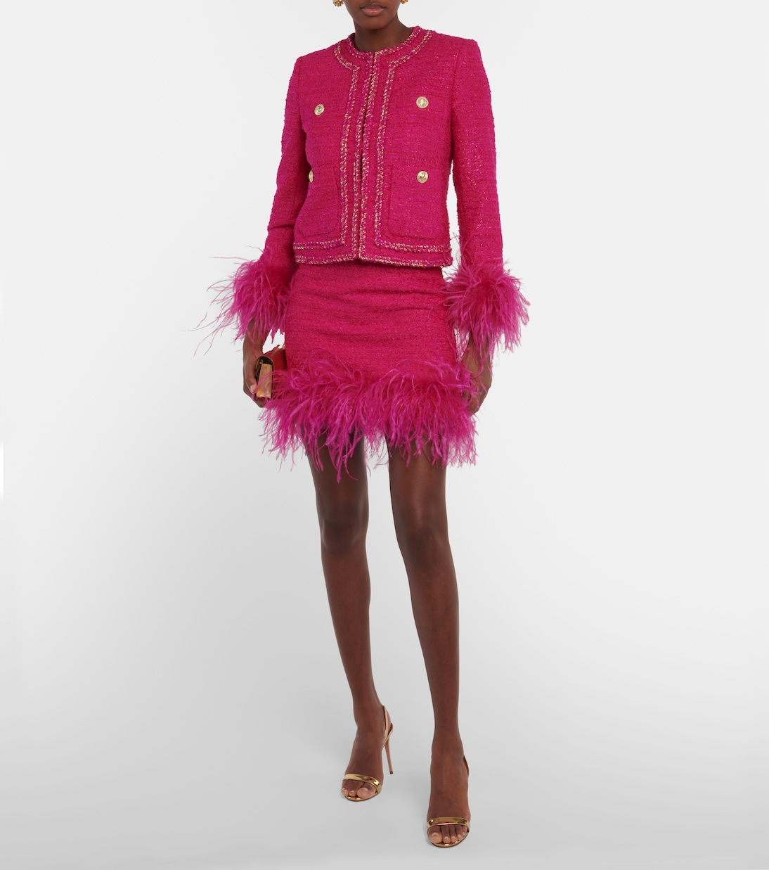 Feather-trimmed tweed miniskirt | Rebecca Vallance