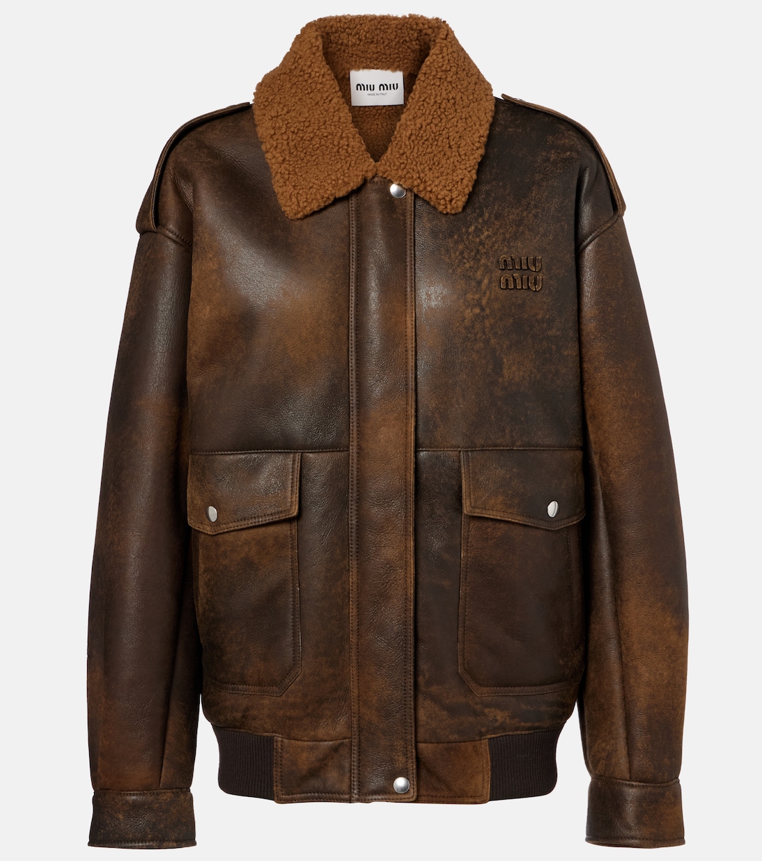 Shearling-trimmed leather blouson jacket | Miu Miu