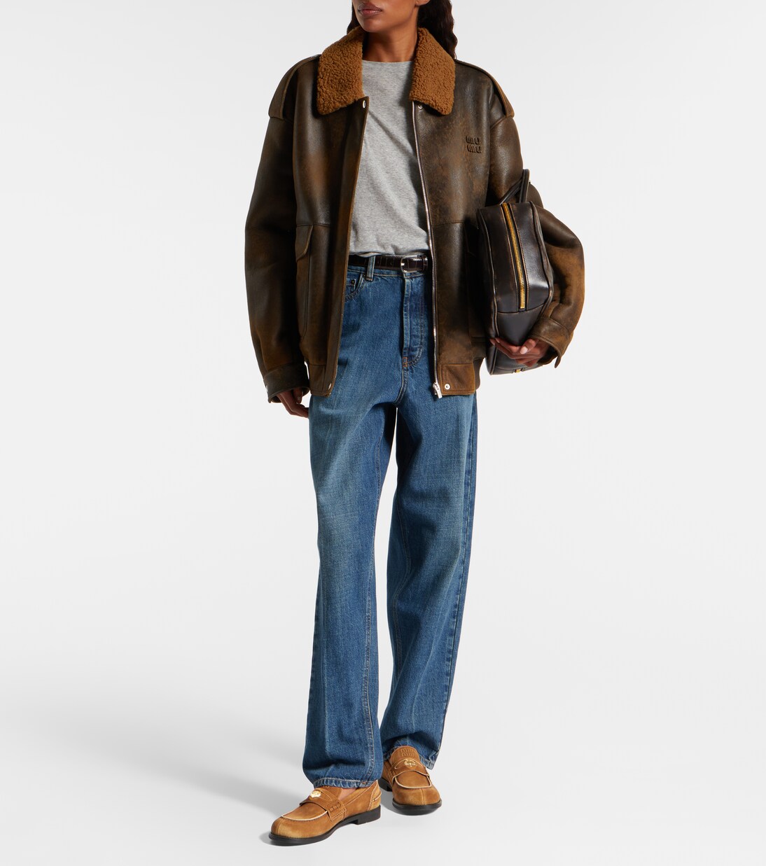 Shearling-trimmed leather blouson jacket | Miu Miu