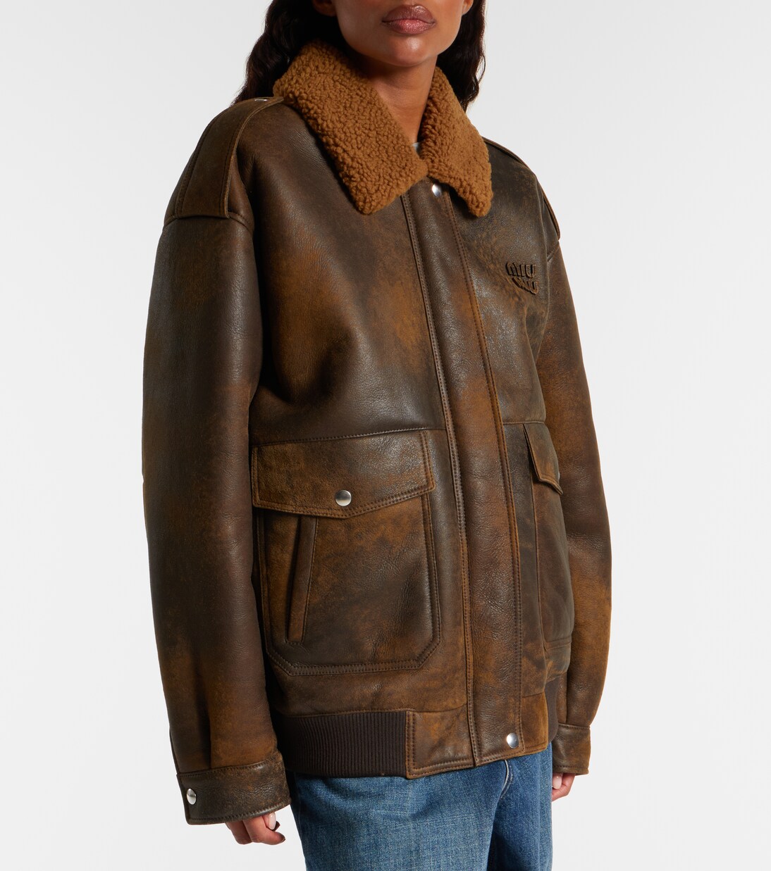 Shearling-trimmed leather blouson jacket | Miu Miu