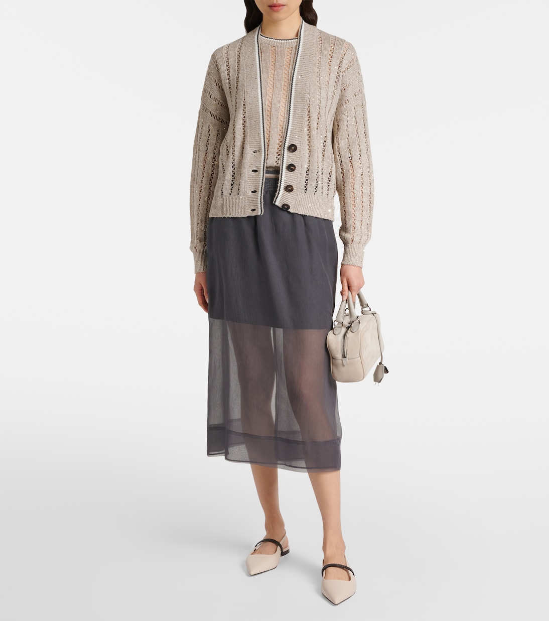 Cardigan in misto lino a righe | Brunello Cucinelli