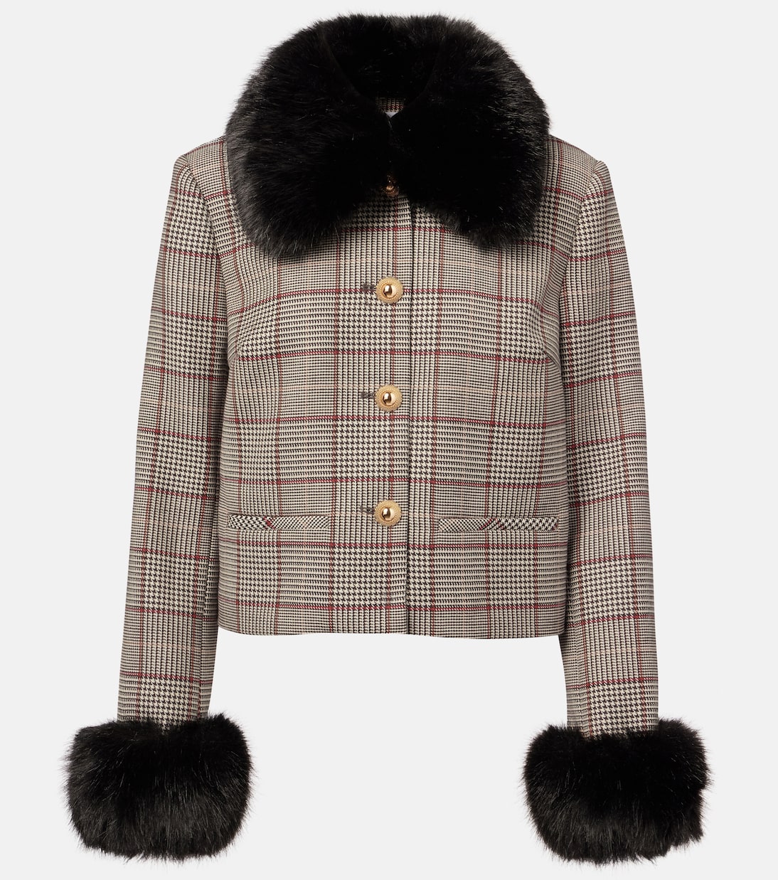 Checked faux fur-trimmed jacket | Self-Portrait
