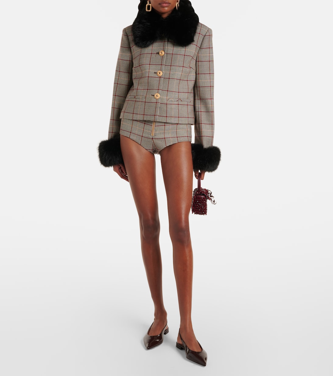 Checked faux fur-trimmed jacket | Self-Portrait