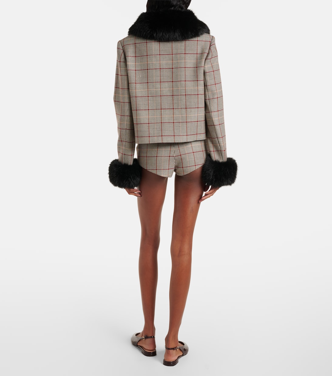 Checked faux fur-trimmed jacket | Self-Portrait