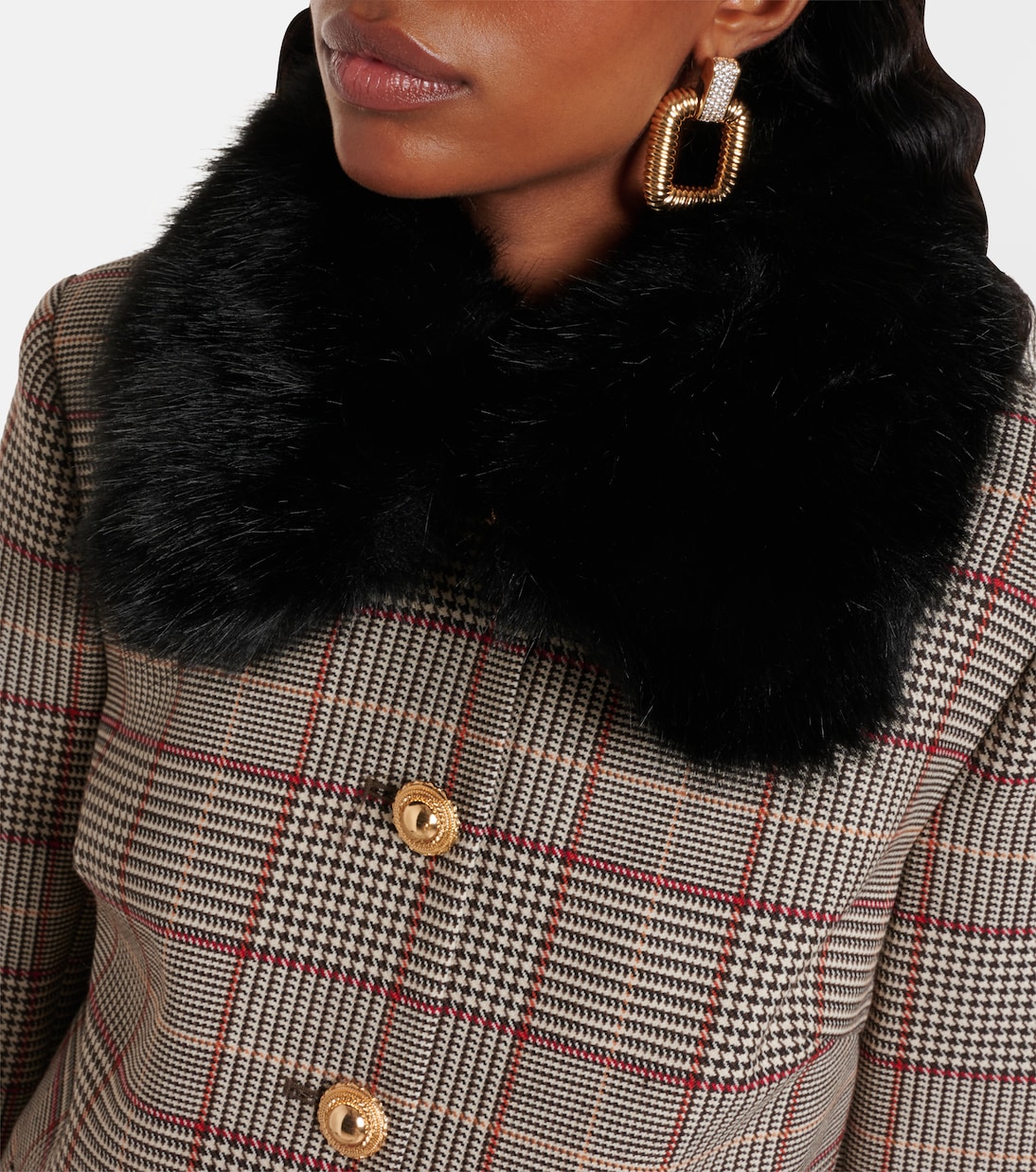 Checked faux fur-trimmed jacket | Self-Portrait