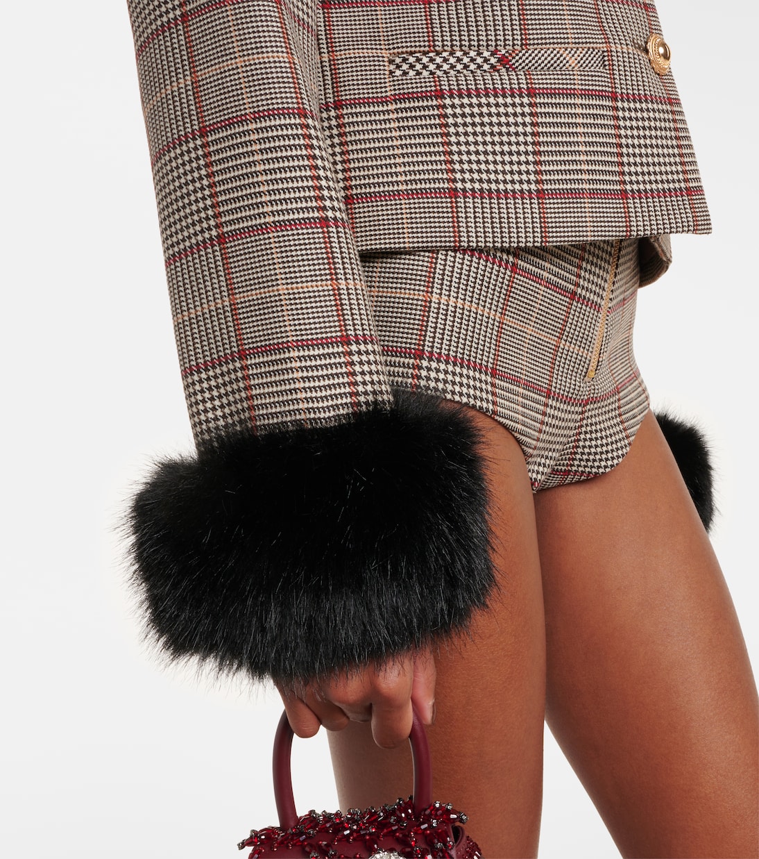 Checked faux fur-trimmed jacket | Self-Portrait