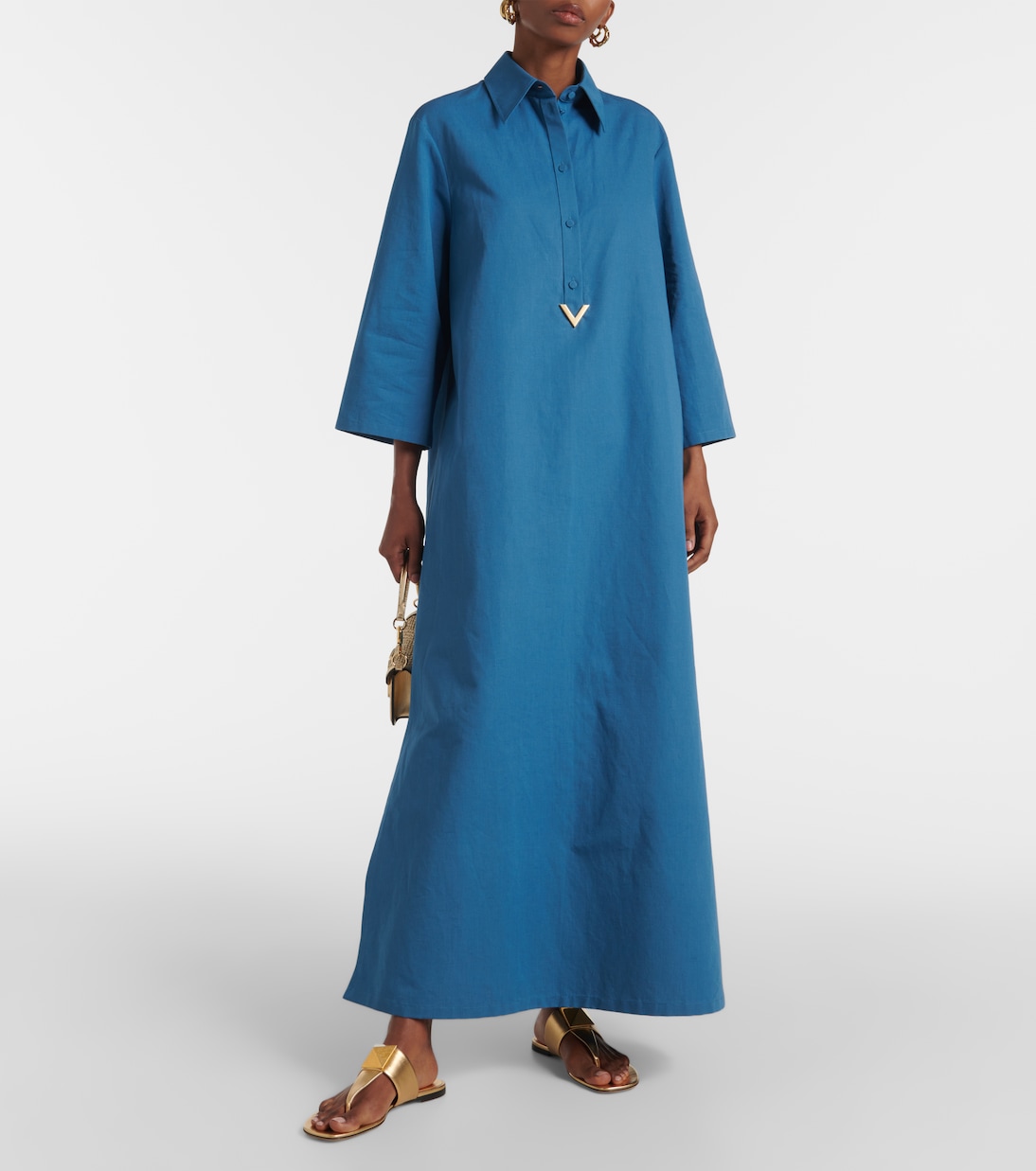 Vestido camisero de algodón y lino con VGold | Valentino