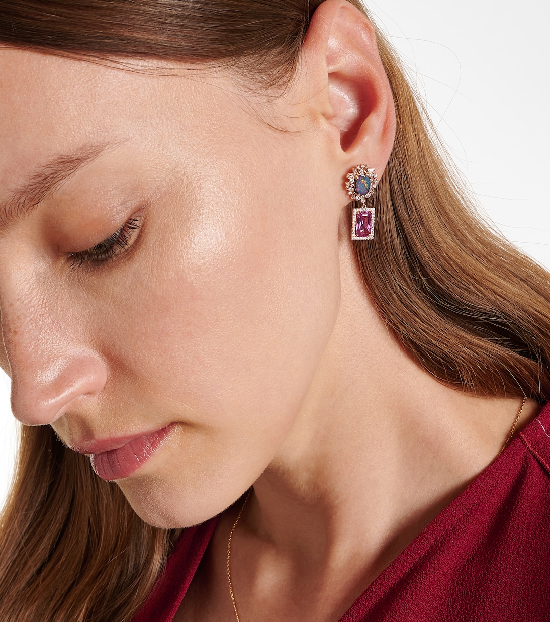 Orecchini pendenti in oro rosa 18kt SUZANNE KALAN con diamanti, zaffiro e opale, design moderno per giovani