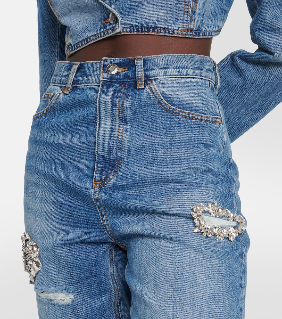 Distressed embellished bootcut jeans | Area