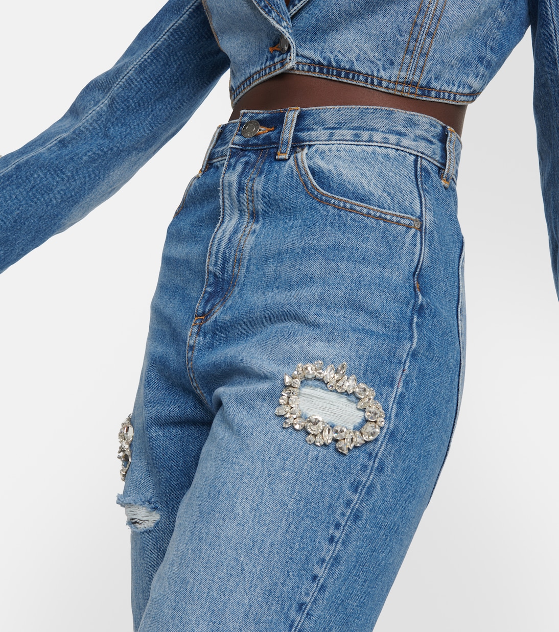 Distressed embellished bootcut jeans | Area