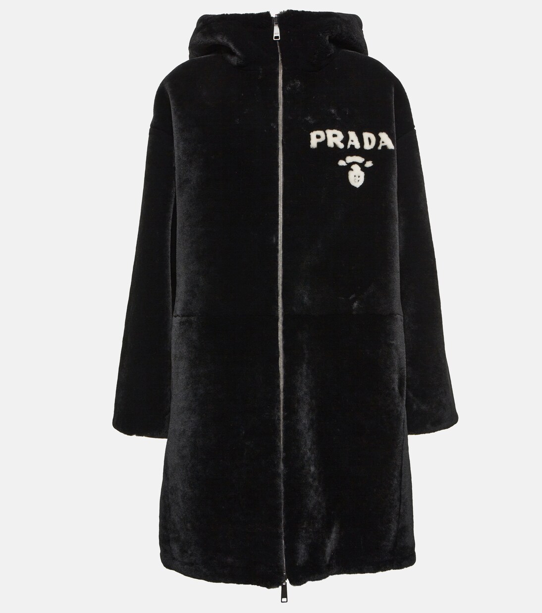 Logo shearling coat in black Prada Mytheresa