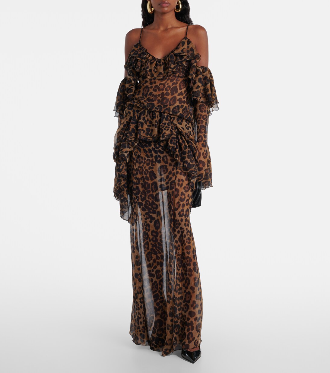 Jupe longue en crêpe de soie à motif léopard | Blumarine