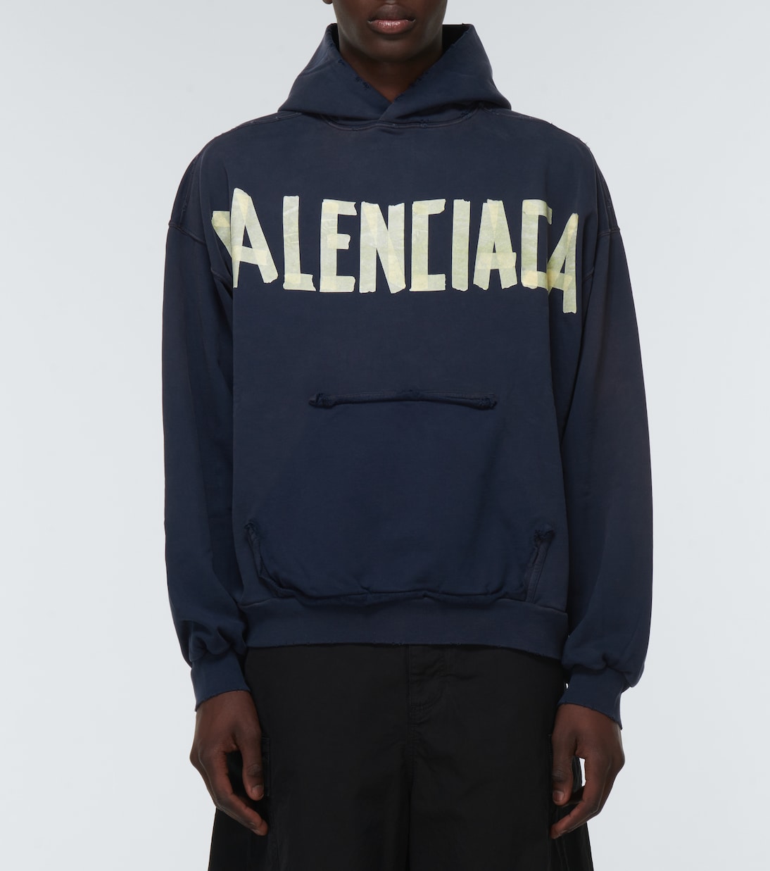 Tape logo cotton jersey hoodie in blue Balenciaga Mytheresa