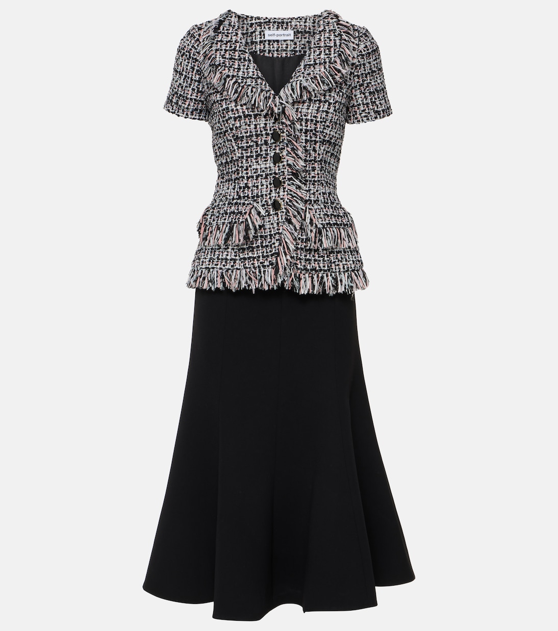Fringed bouclé and crêpe midi dress | Self-Portrait