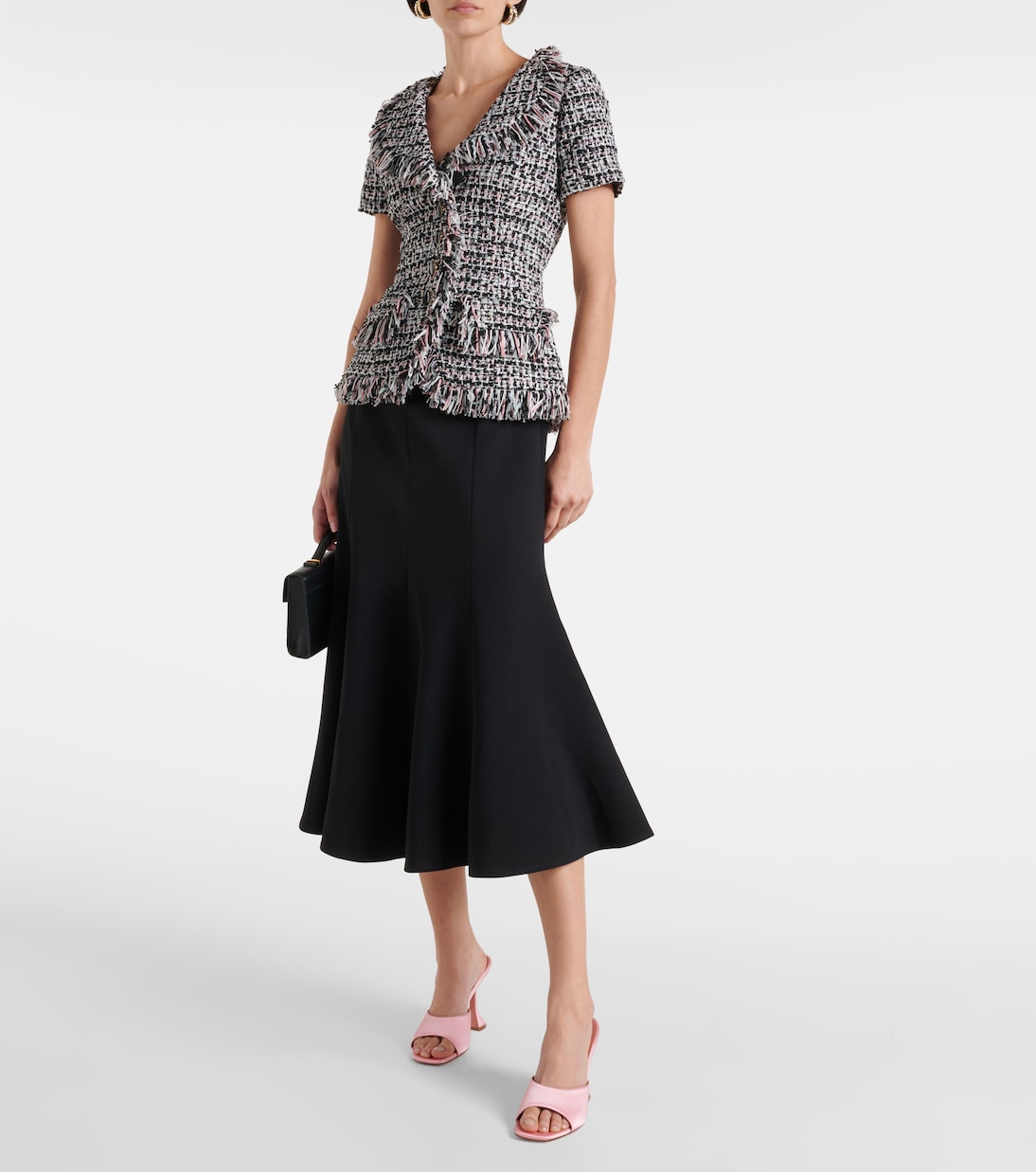 Fringed bouclé and crêpe midi dress | Self-Portrait