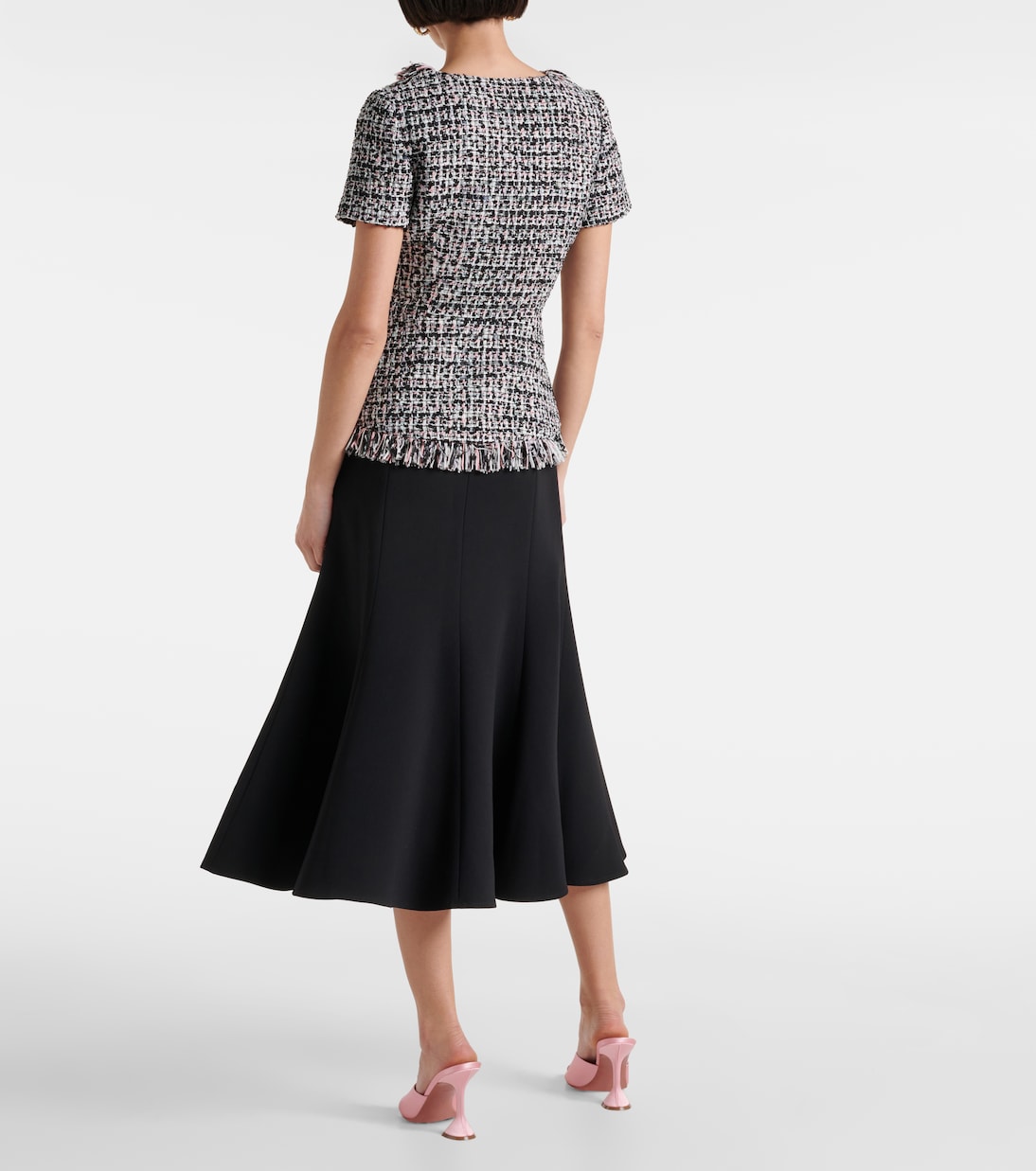 Fringed bouclé and crêpe midi dress | Self-Portrait