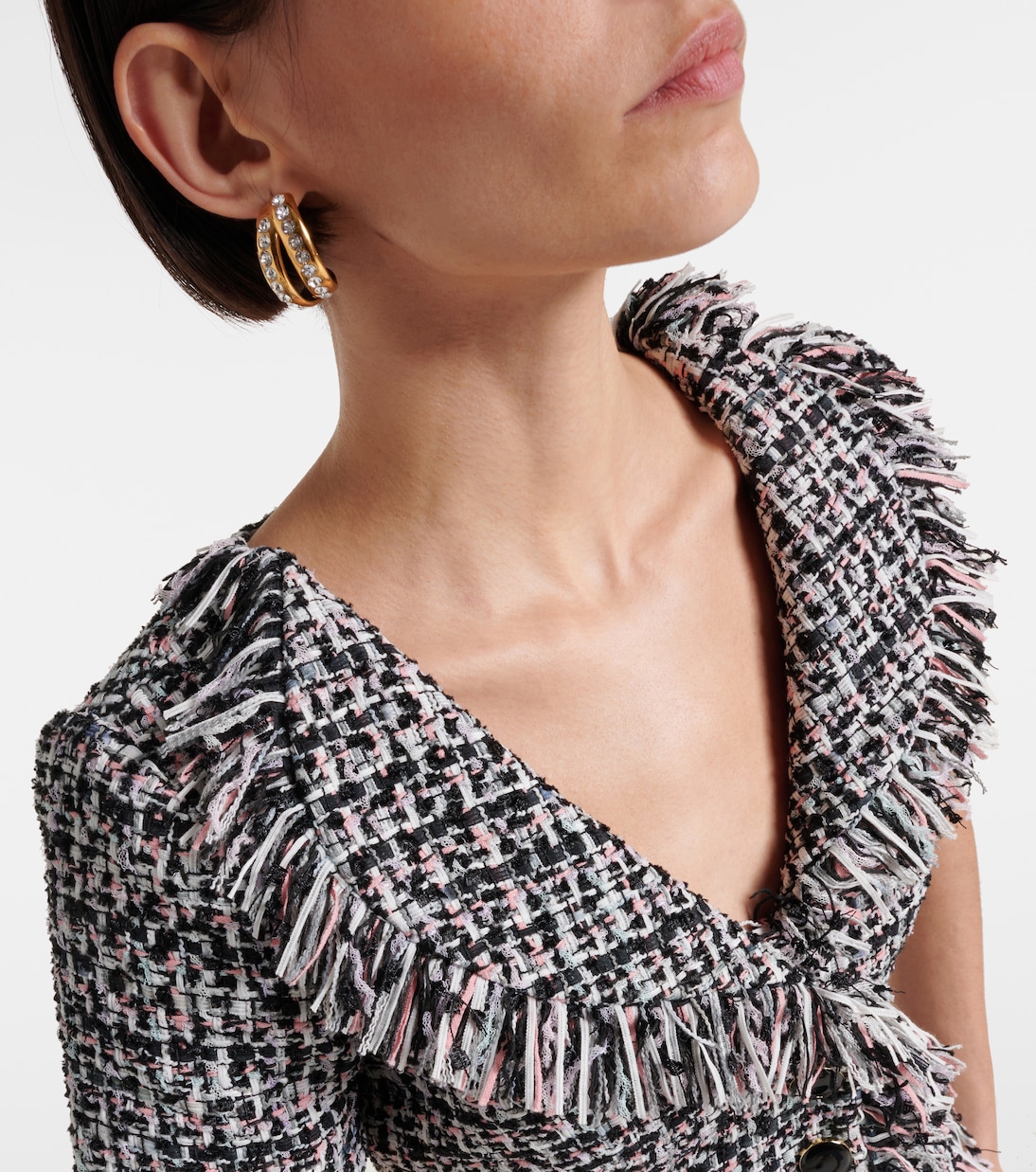 Fringed bouclé and crêpe midi dress | Self-Portrait