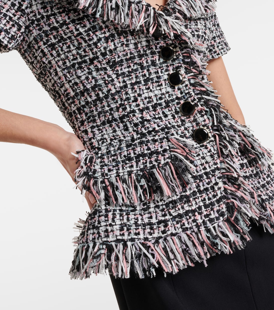 Fringed bouclé and crêpe midi dress | Self-Portrait