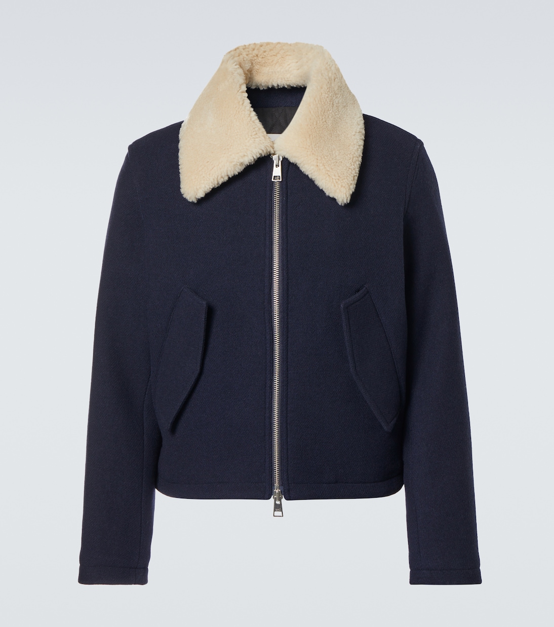 Shearling trimmed virgin wool jacket in blue Ami Paris Mytheresa