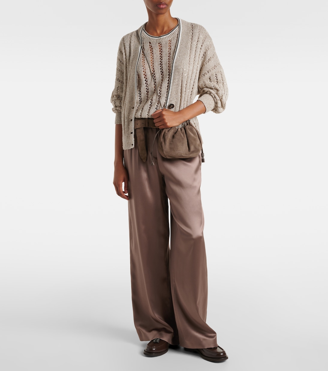 Pantaloni a gamba larga in raso di misto seta | Brunello Cucinelli