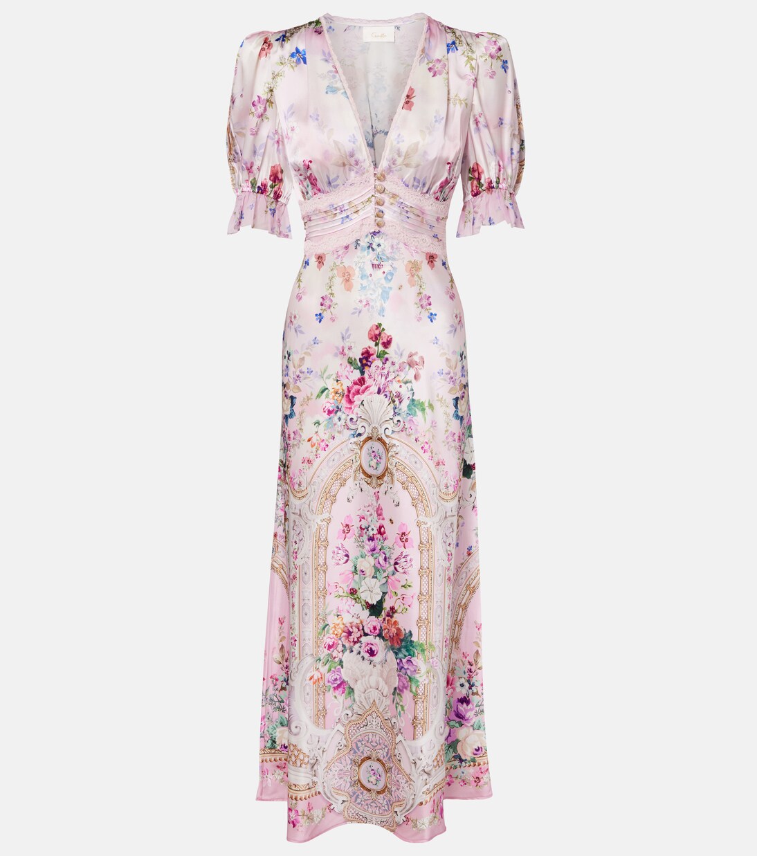 Lace-trimmed printed silk midi dress | Camilla