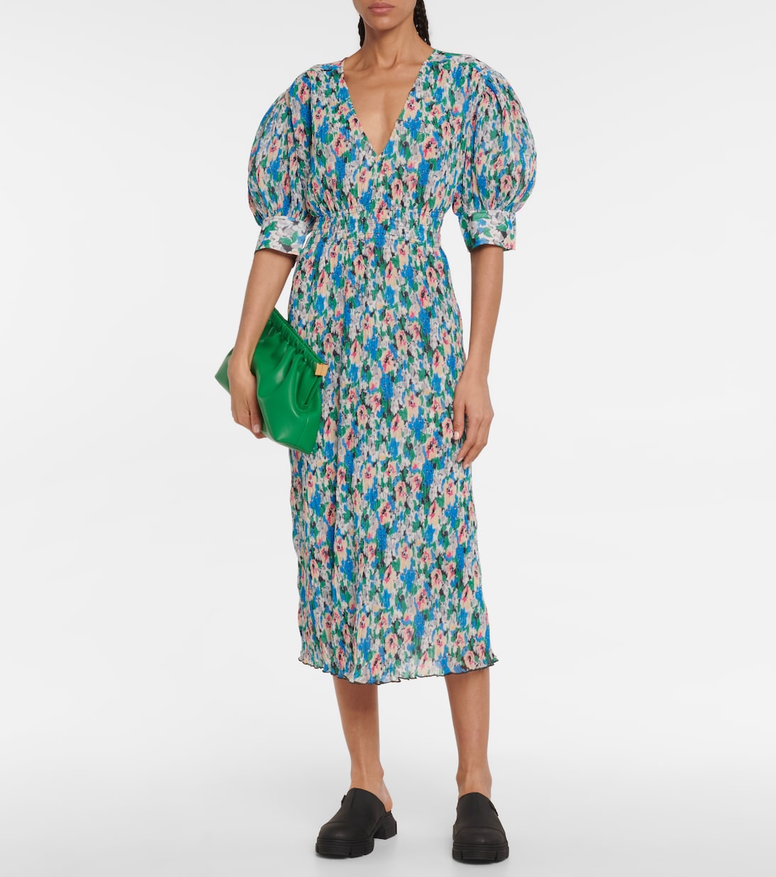 Floral pleated georgette midi dress | Ganni