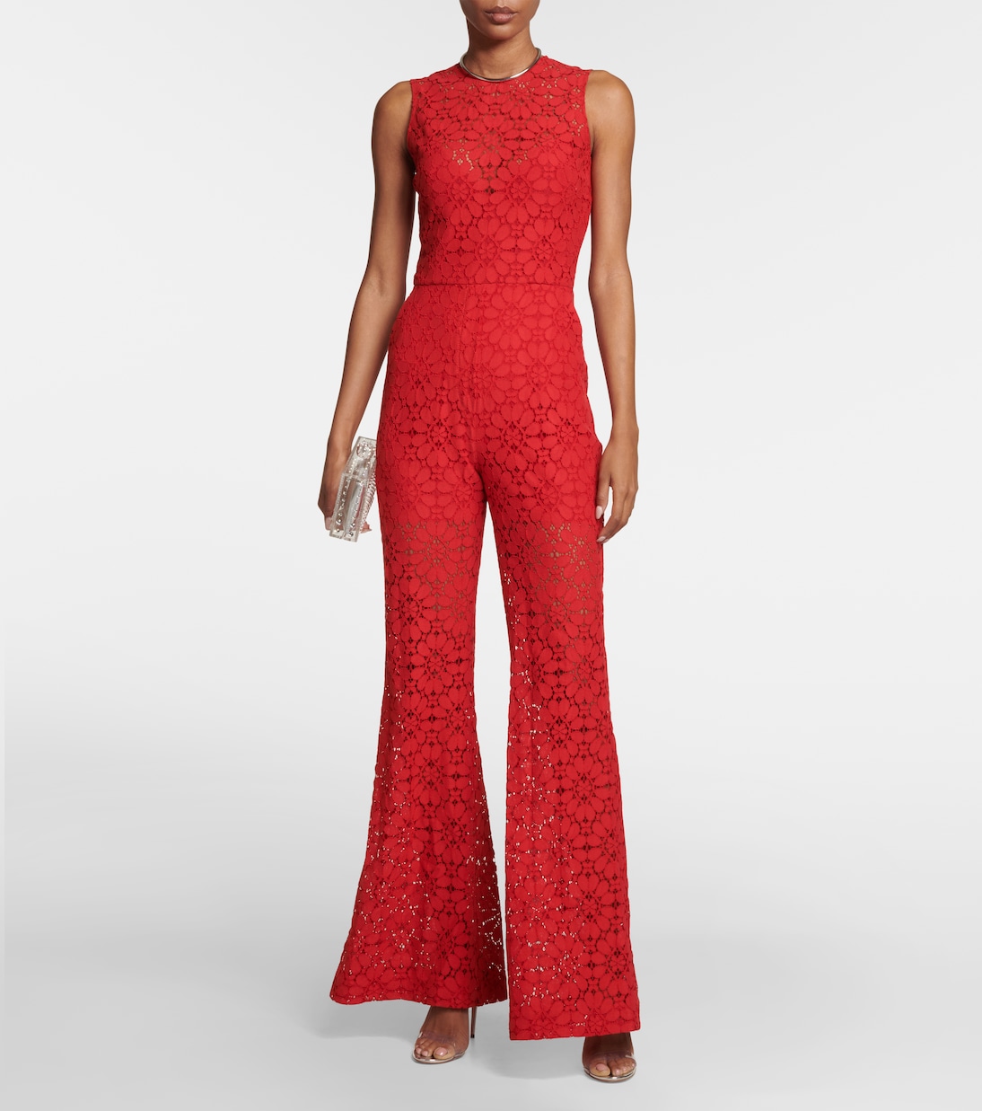 Wide leg guipure lace jumpsuit in red Elie Saab Mytheresa