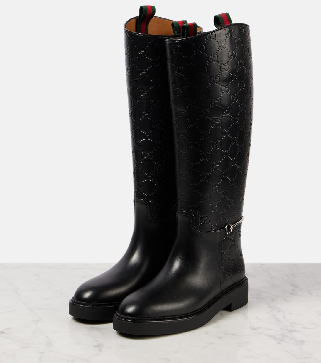 Horsebit GG debossed leather knee high boots in black Gucci Mytheresa