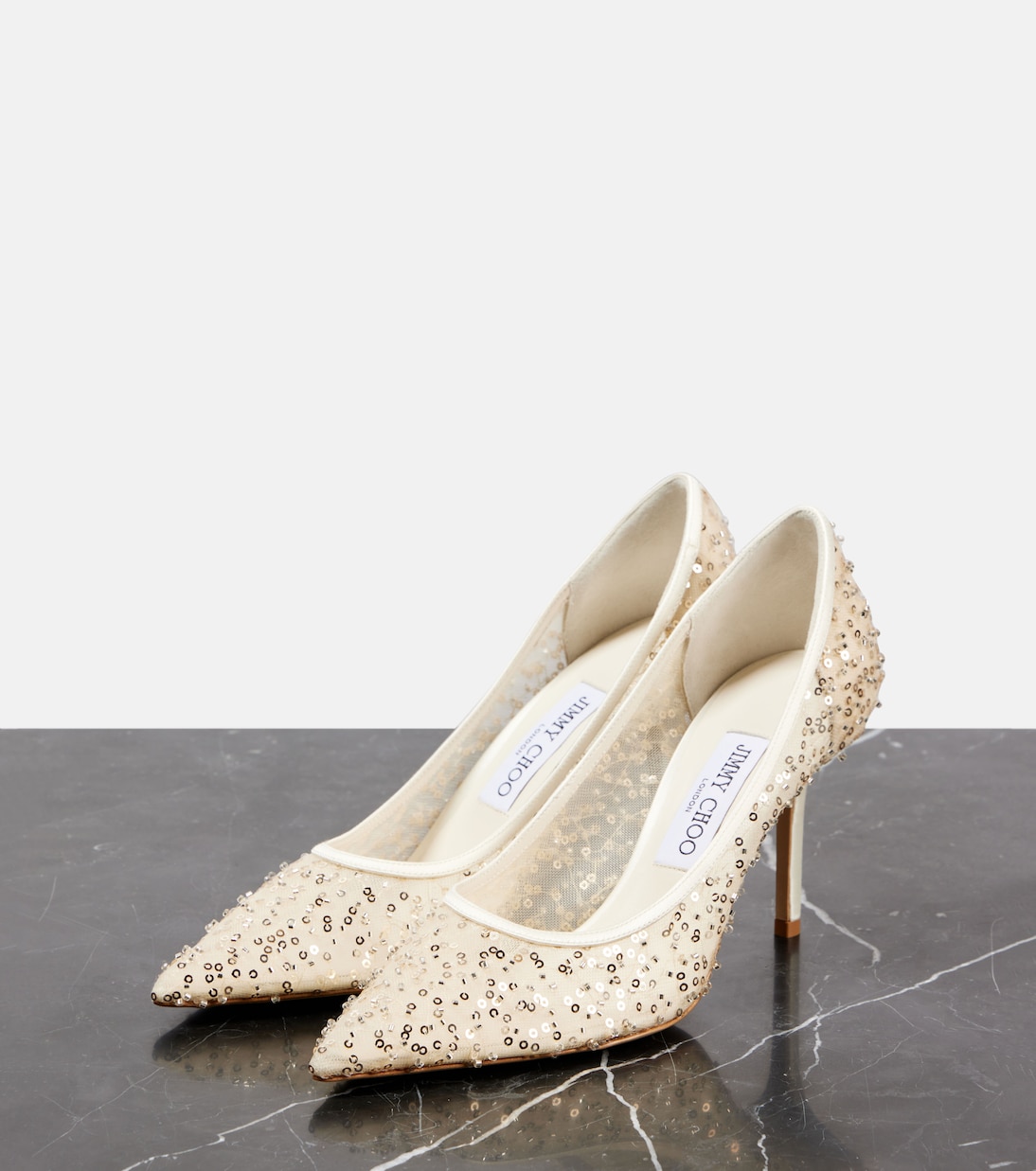Scarpe con tacco JIMMY CHOO Love 85 in mesh decorato con perline, stile giovane e trendy