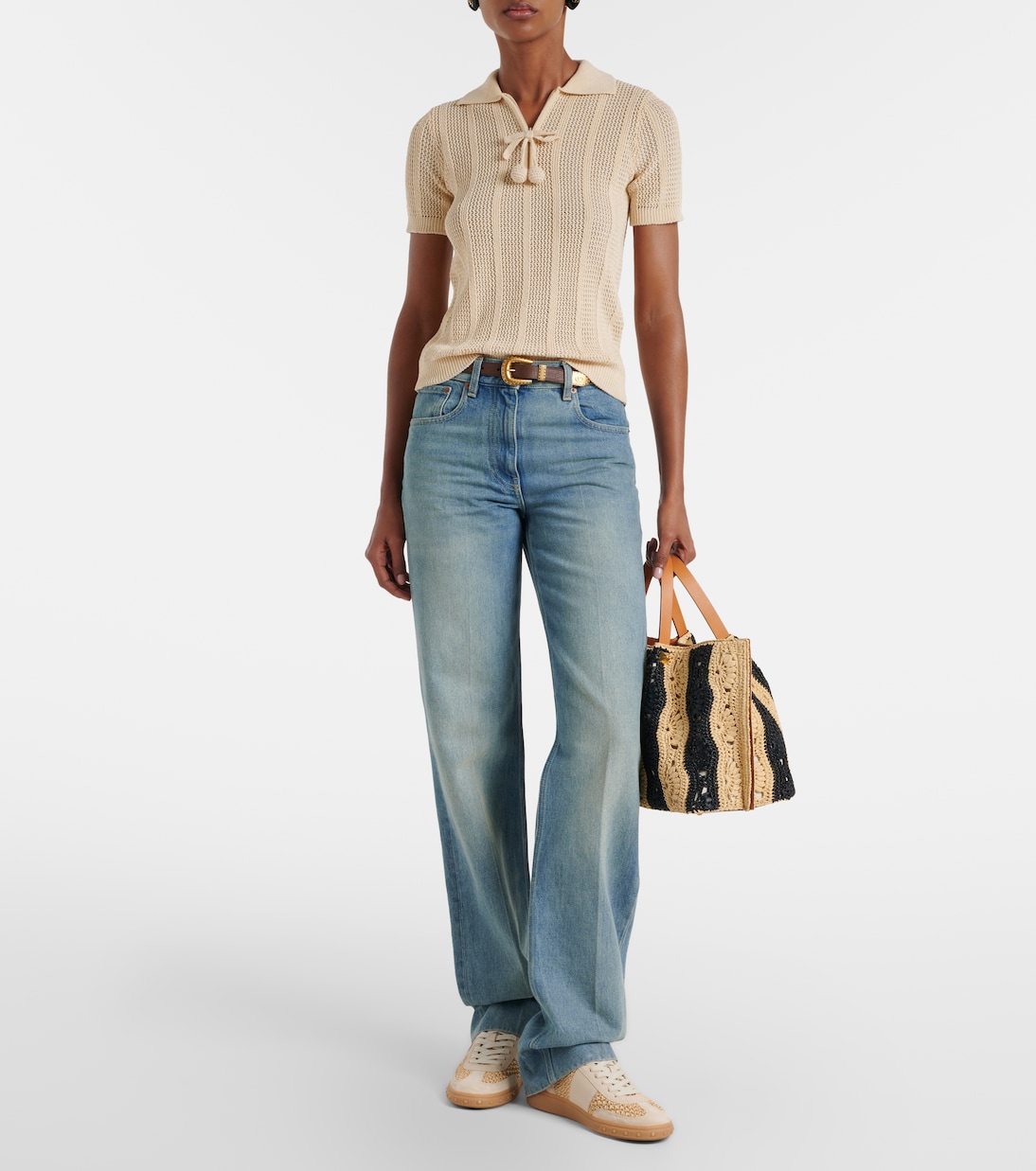 VLogo leather-trimmed raffia sneakers | Valentino Garavani