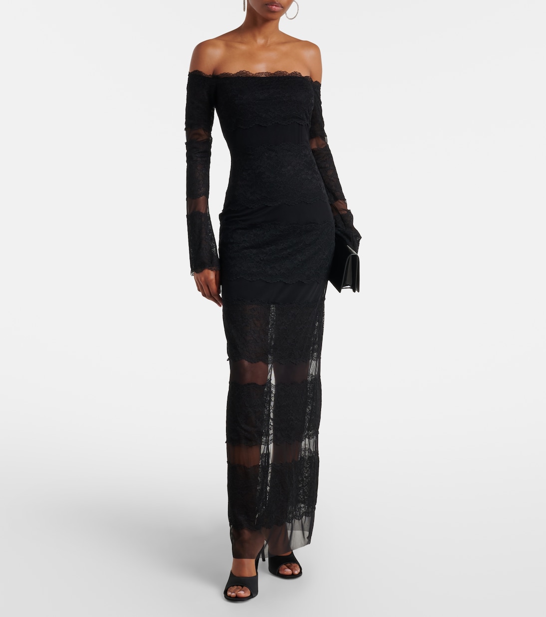 Off-shoulder lace tulle maxi dress | Blumarine