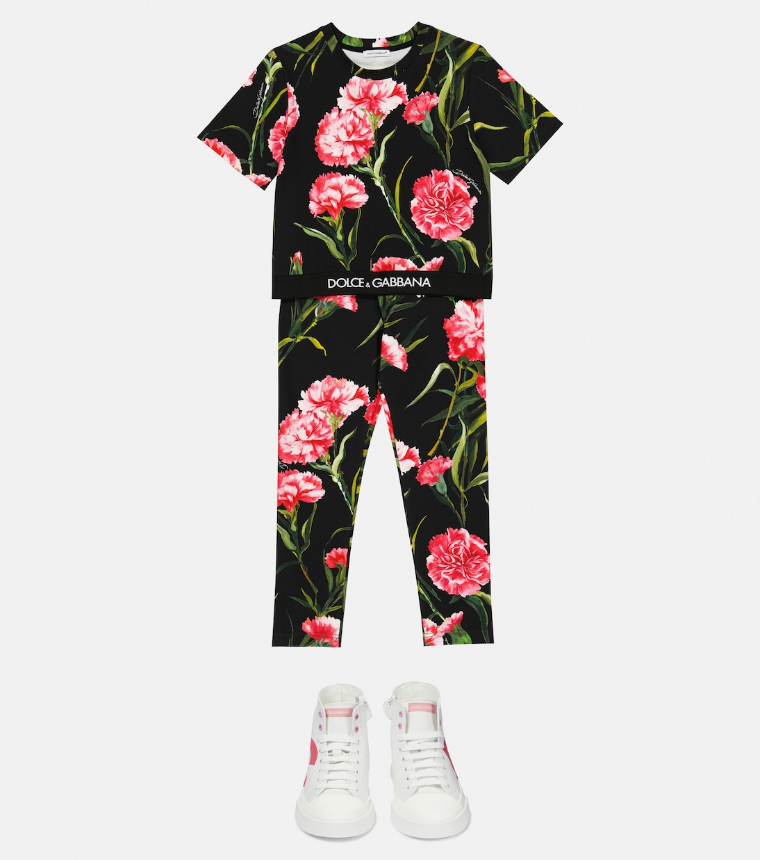 T-shirt en coton mélangé à logo et fleurs | Dolce&Gabbana Kids