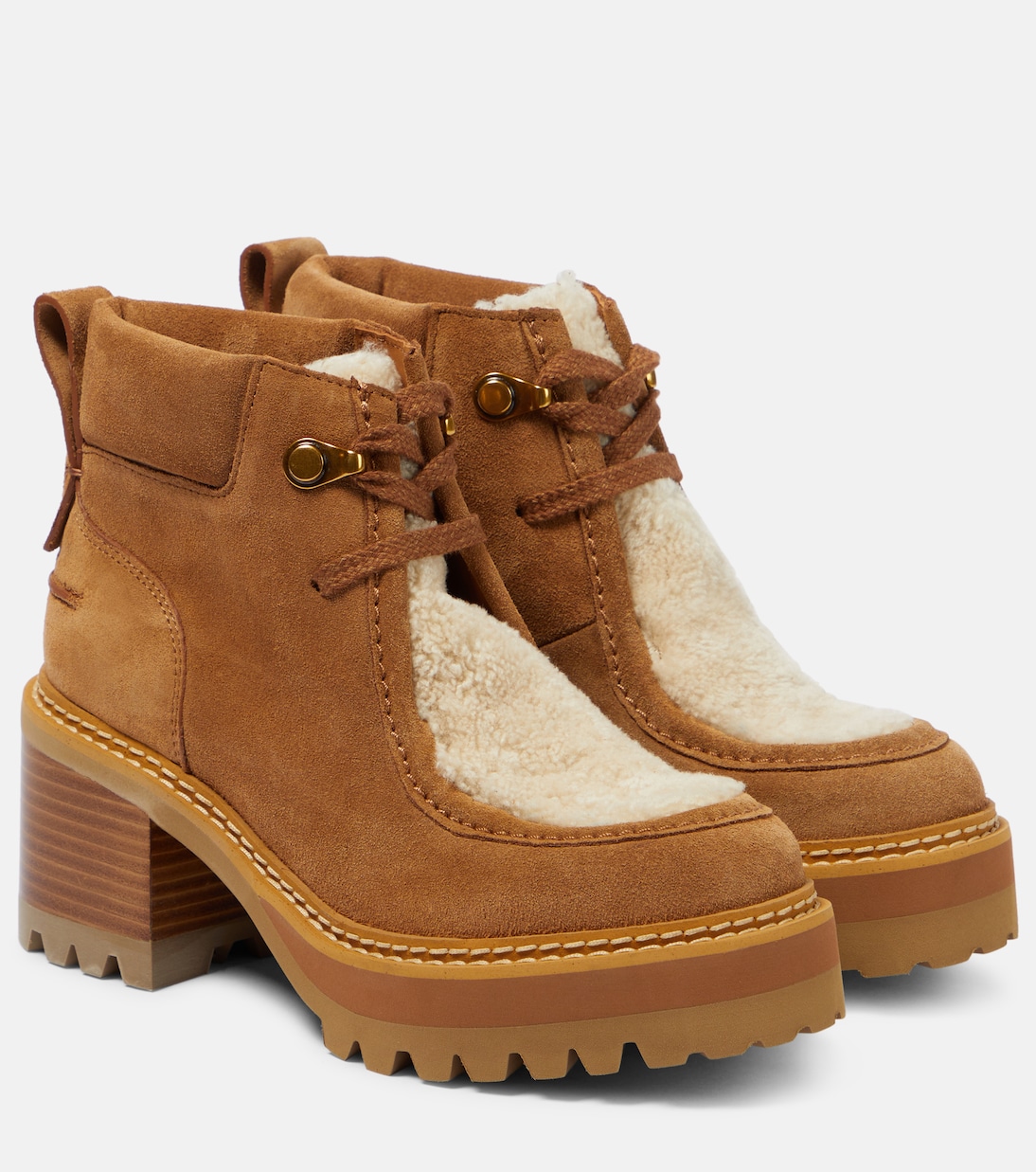 Shearling trimmed suede ankle boots in brown See By Chloe Mytheresa