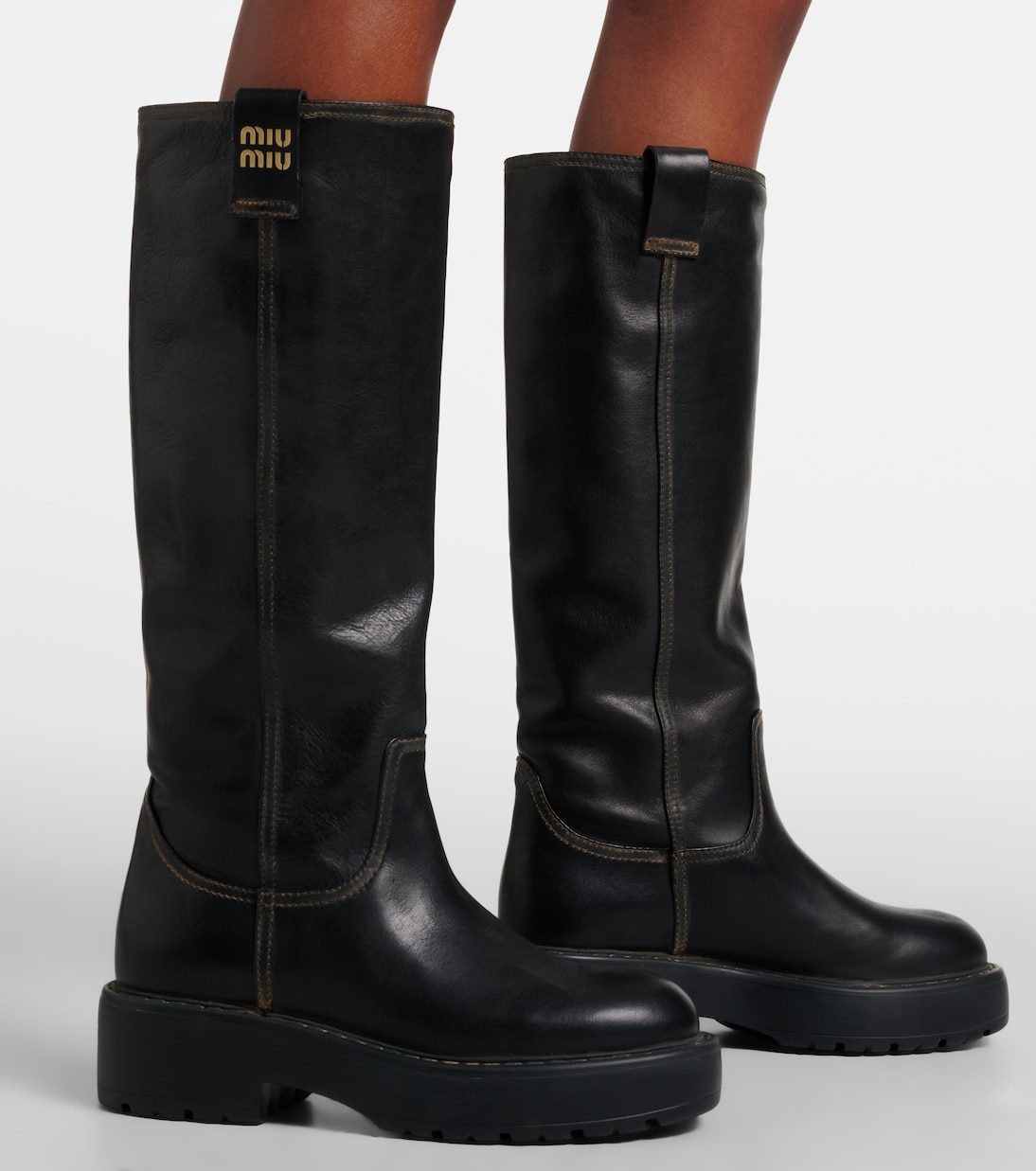 Logo leather knee-high boots | Miu Miu