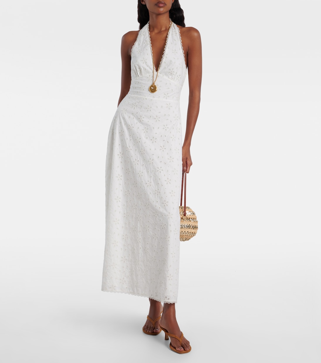Salma embroidered halterneck cotton midi dress | Posse