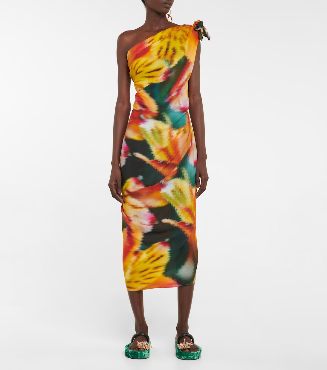 One-shoulder draped floral midi dress | Dries Van Noten