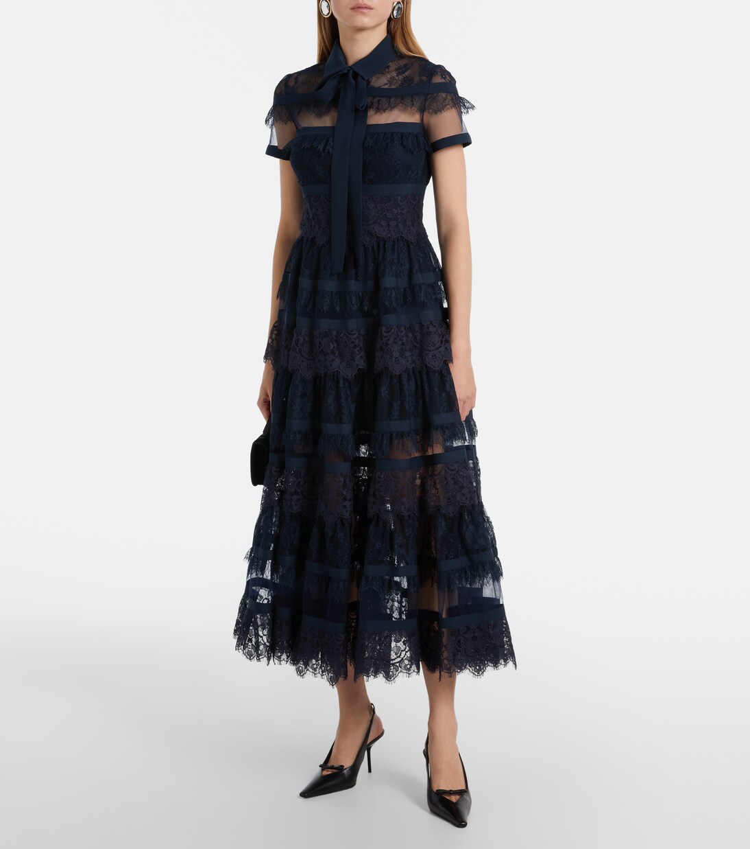 Tie-neck lace midi dress | Elie Saab