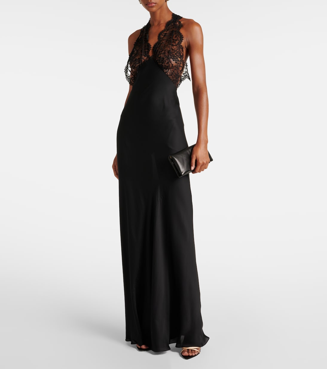 Abito lungo in charmeuse di seta con pizzo | Saint Laurent