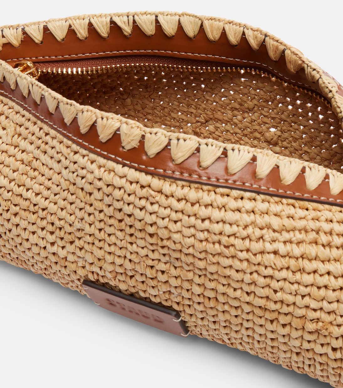 Maude leather-trimmed raffia clutch | Staud