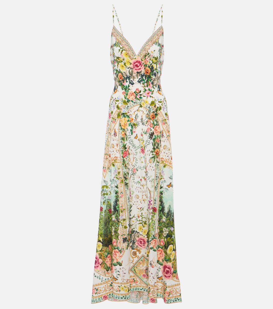 Vestido largo de seda floral adornado | Camilla
