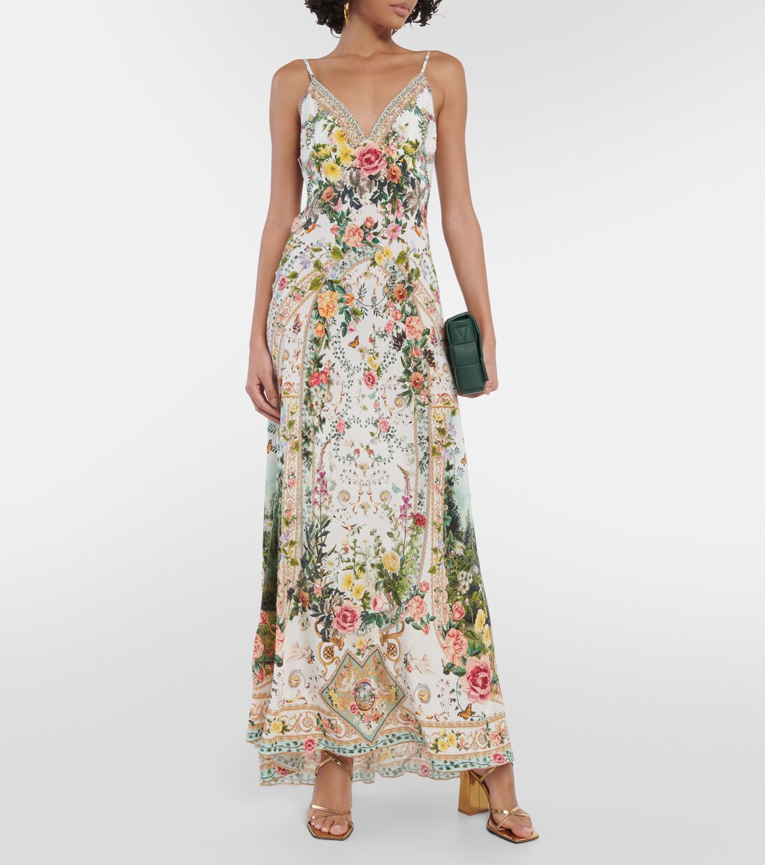 Vestido largo de seda floral adornado | Camilla
