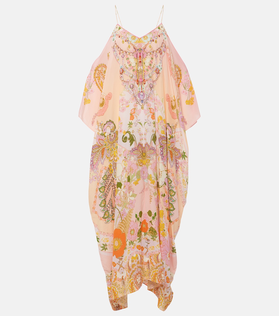 Caftán de seda estampado adornado | Camilla